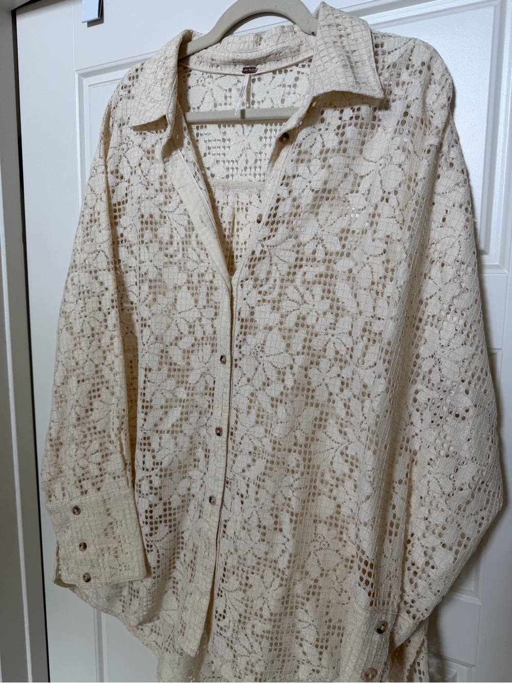 Free People Cream Crochet Button-Down Shirt Oversized.